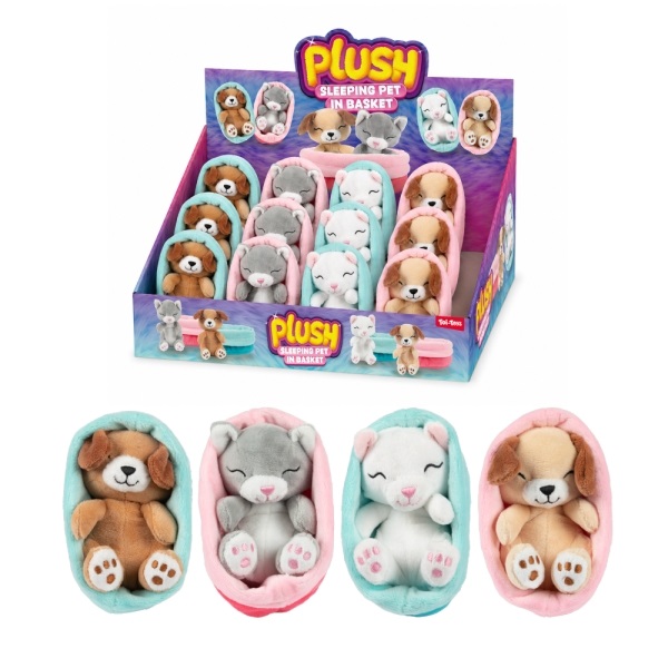 12 Pluchen hond/kat in mand 75007Z
